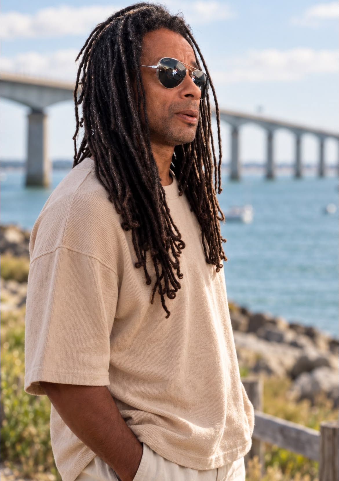 Portrait de Lee Roy King au bord de la mer